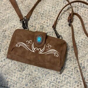 Faux turquoise wallet bag with detachable strap.